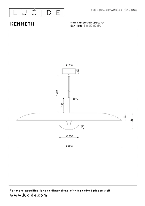 Lucide KENNETH - Pendelleuchten - Ø 80 cm - LED Dim. - 1x22W 2700K - Schwarz | Premium - technisch